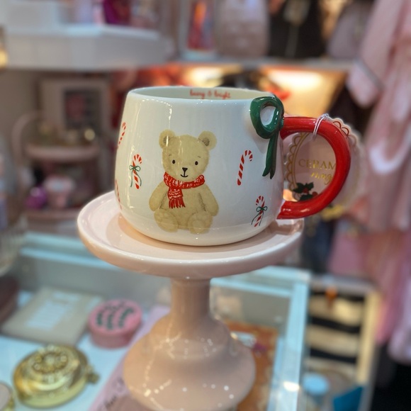 New Holiday Bear Mug with Red Handle and Green Bow - Picture 1 of 8
